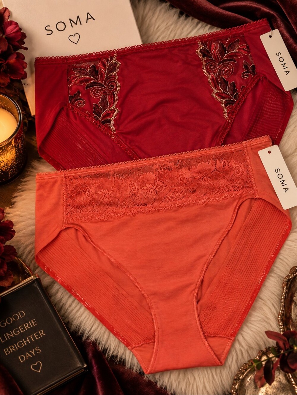 Soma Intimates High Leg Panties Size L NWT 2 Pack Lace Red Coral